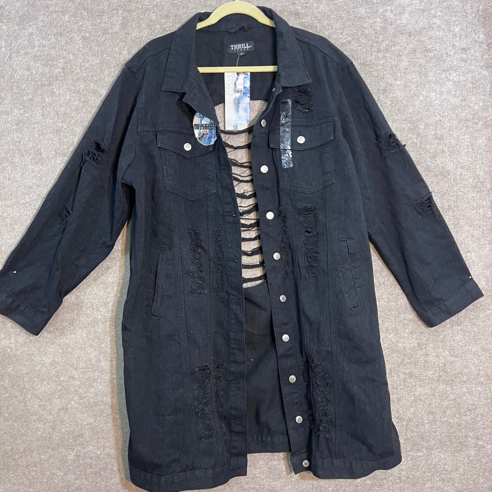 Thrill Jeans Denim Jacket Women 3X Black Distressed Longline Ripped Grunge Edgy